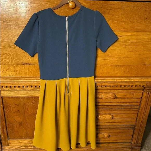 LuLaRoe Amelia Dress Color Block Gold & Blue with Pockets Classic Versatile - Picture 2 of 7